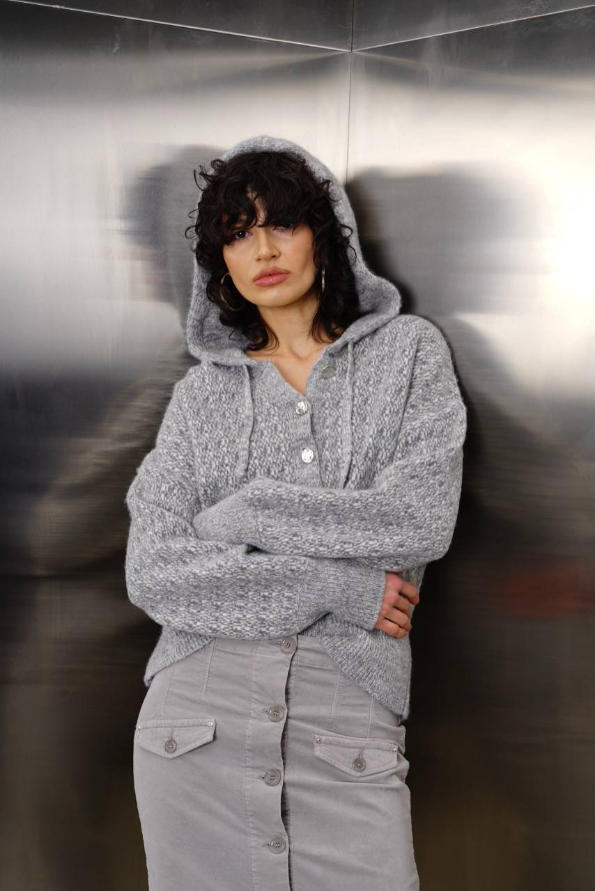COLLECTION 25/26 FW — Pull à capuche imprimé gris & jupe carrot mi‑longue en velours gris