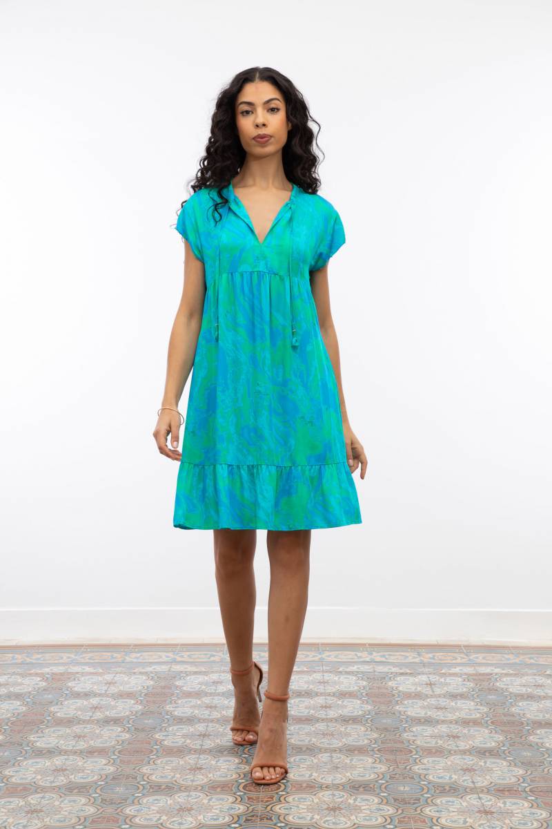 Robe courte à manches courtes, avec un col à lien et un imprimé lumineux