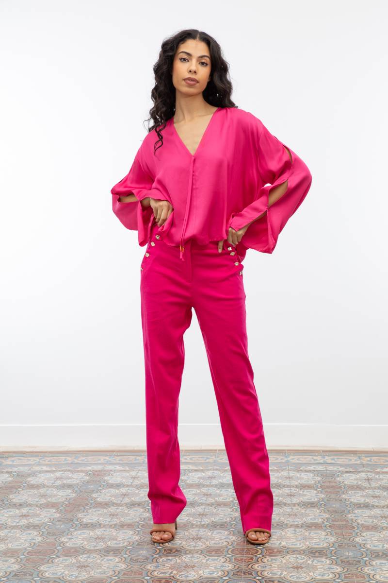 Chemise d'été fuchsia avec décolleté en V et manches amples printemps été 2025